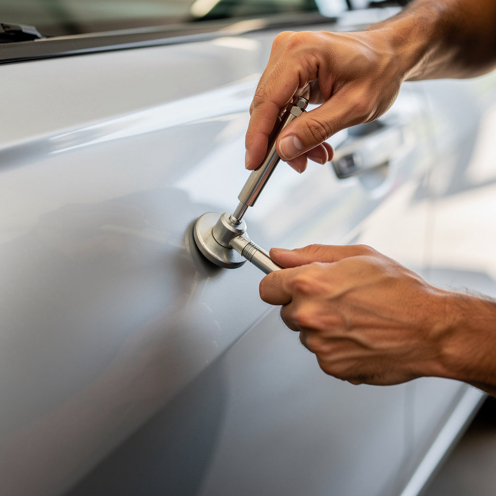 Mario's Autobody Escondido technician performing expert paintless dent removal on a vehicle in Escondido, CA